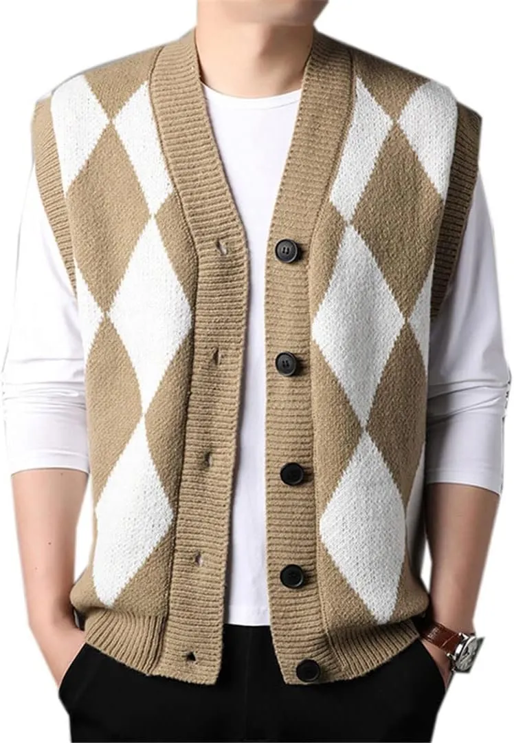Bciopll Men Buttons Down Sleeveless Argyle Sweater Vest Knit Jacket Plus Size