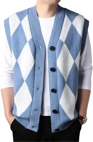 Bciopll Men Buttons Down Sleeveless Argyle Sweater Vest Knit Jacket Plus Size