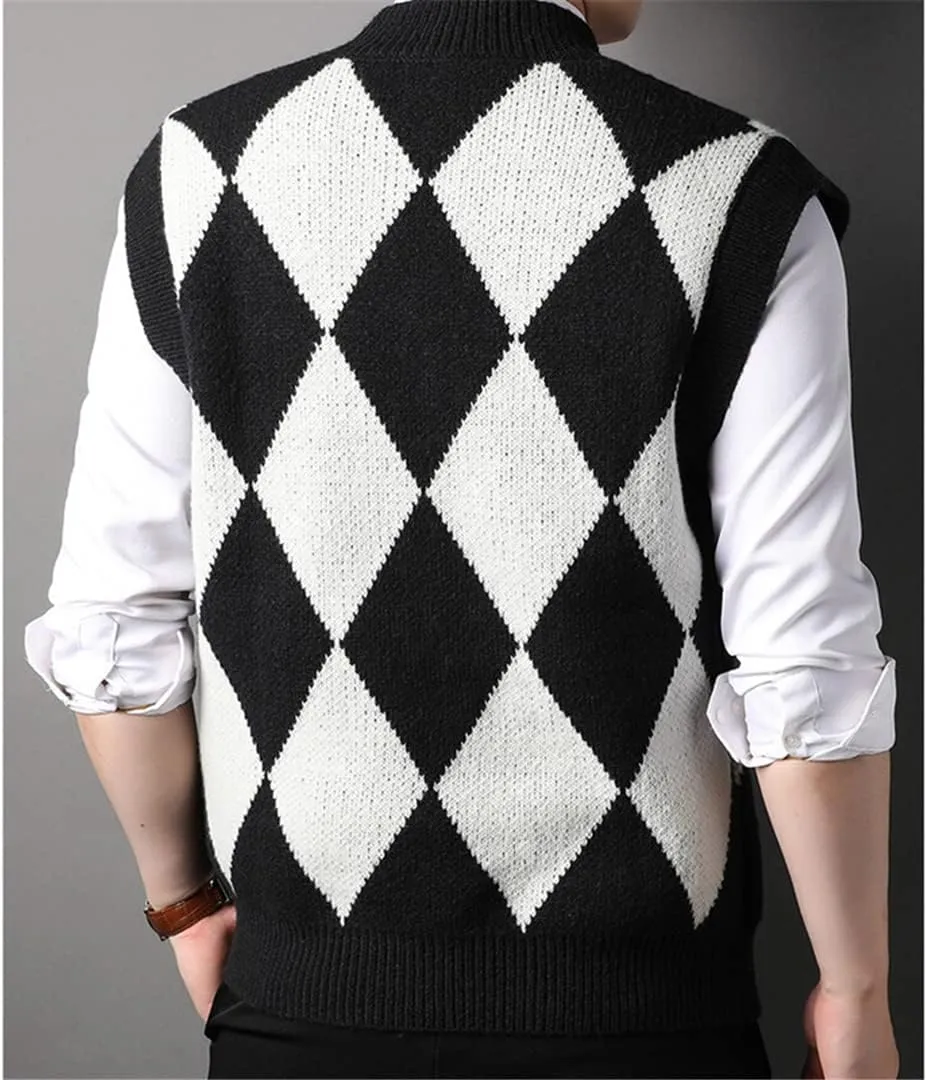 Bciopll Men Buttons Down Sleeveless Argyle Sweater Vest Knit Jacket Plus Size