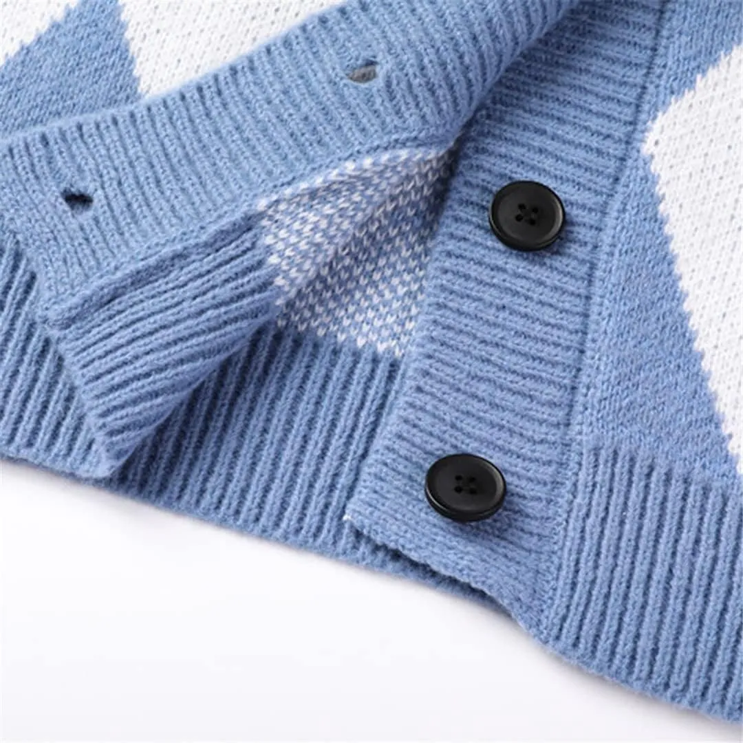 Bciopll Men Buttons Down Sleeveless Argyle Sweater Vest Knit Jacket Plus Size