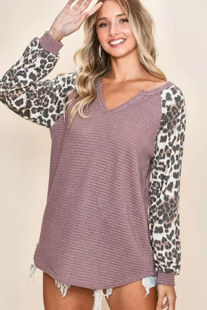 BiBi Popcorn Waffle Leopard Long Sleeve Knit Top