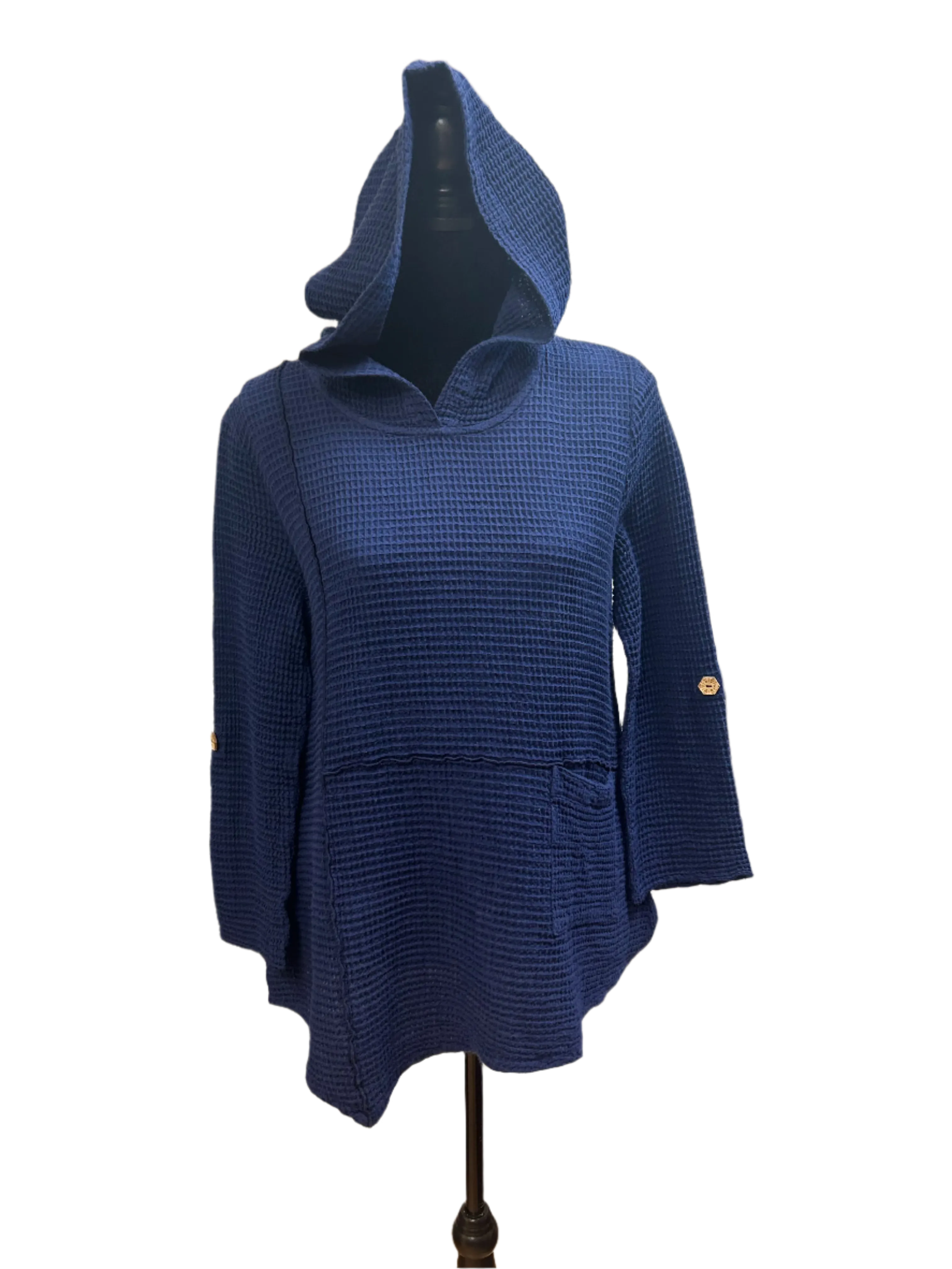 Blue Waffle Knit Hooded Top w/Pockets