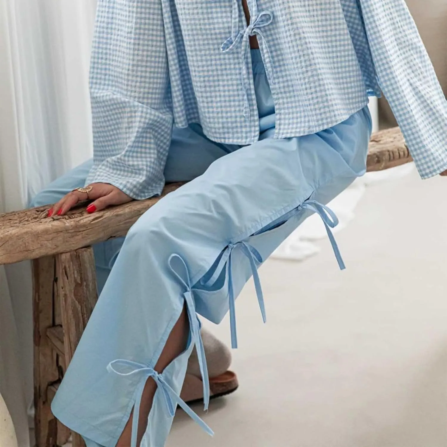 Bow Tie Side Gingham Pants for Women Y2k Plaid High Waist Wide Leg Lounge Trousers Casual Relax Fit Long Pants