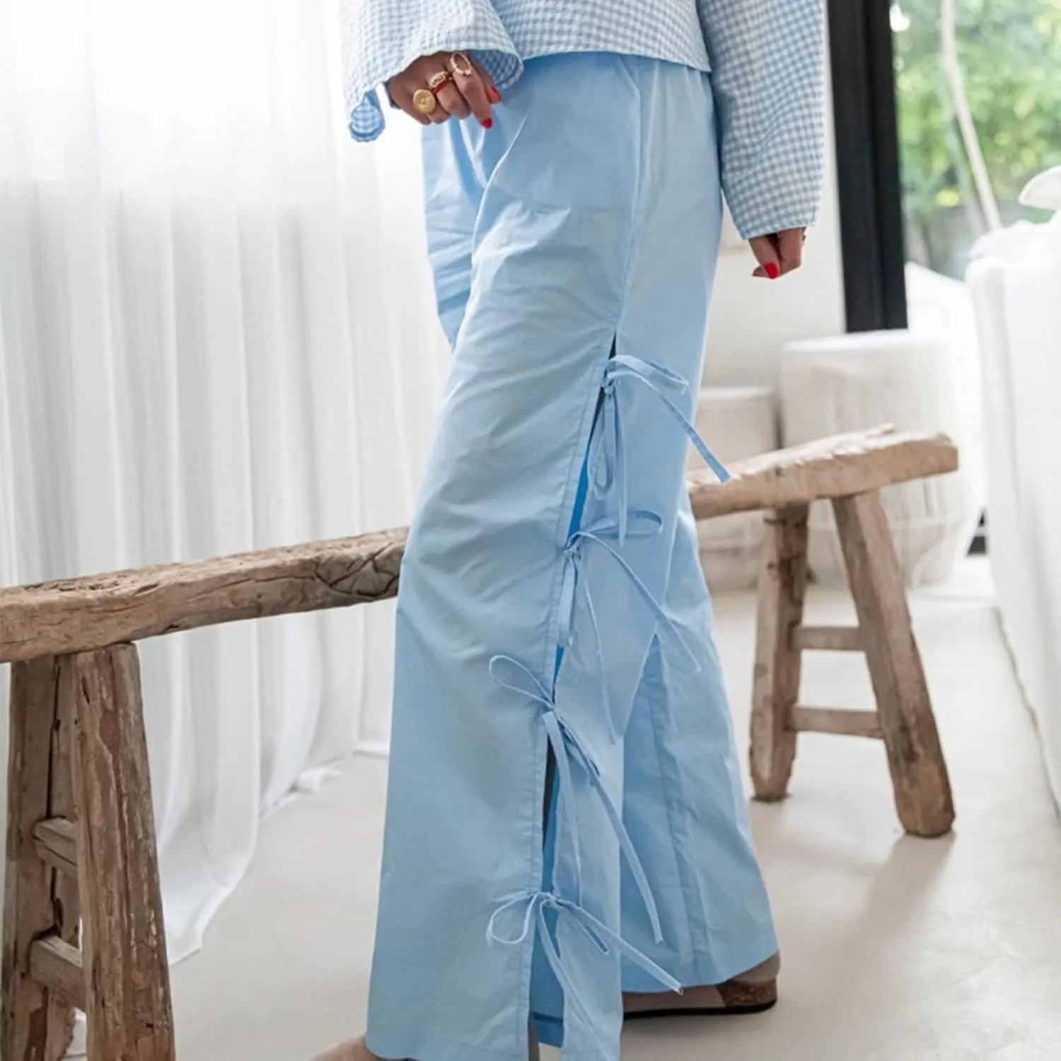 Bow Tie Side Gingham Pants for Women Y2k Plaid High Waist Wide Leg Lounge Trousers Casual Relax Fit Long Pants