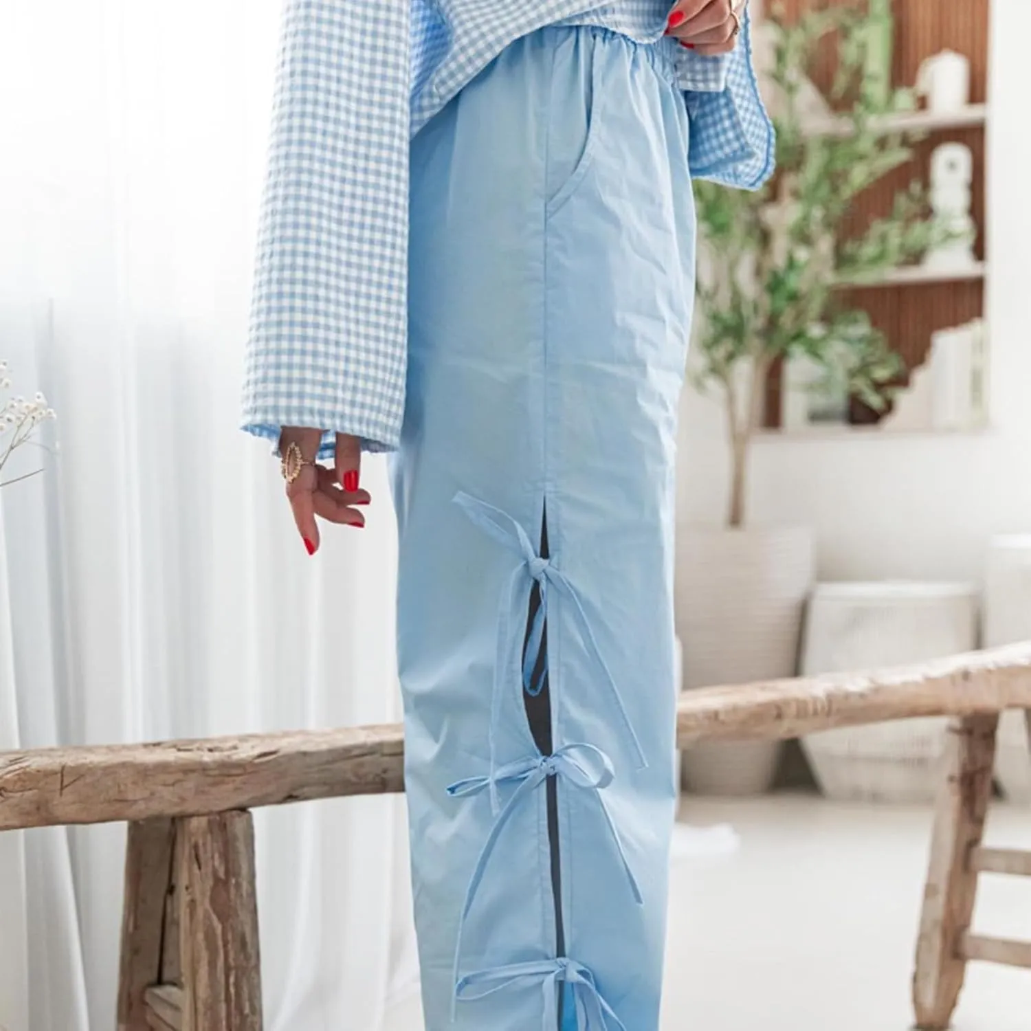 Bow Tie Side Gingham Pants for Women Y2k Plaid High Waist Wide Leg Lounge Trousers Casual Relax Fit Long Pants