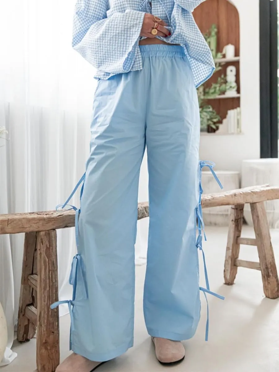 Bow Tie Side Gingham Pants for Women Y2k Plaid High Waist Wide Leg Lounge Trousers Casual Relax Fit Long Pants