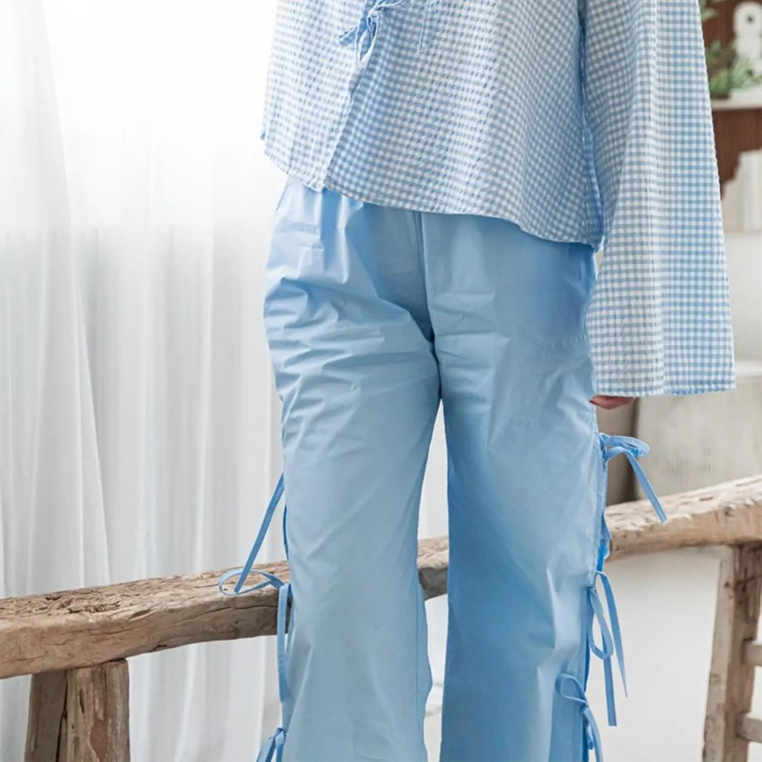 Bow Tie Side Gingham Pants for Women Y2k Plaid High Waist Wide Leg Lounge Trousers Casual Relax Fit Long Pants