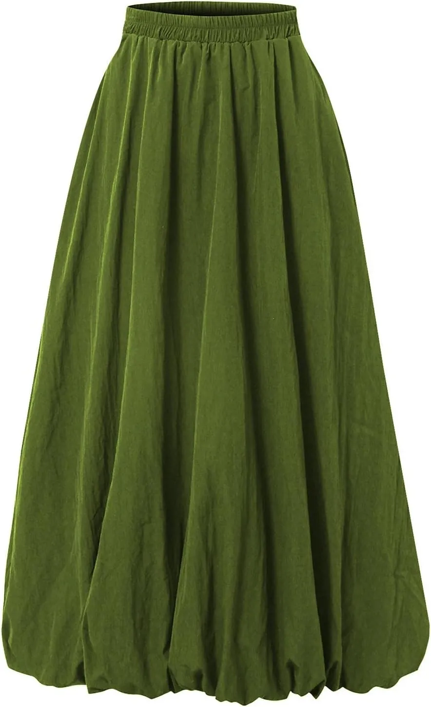Bubble Skirt Women Trendy Casual Loose Elastic Waist Puffy Flowy Skirt Pleated Midi Skirt Cute Ruffle Long Skirt