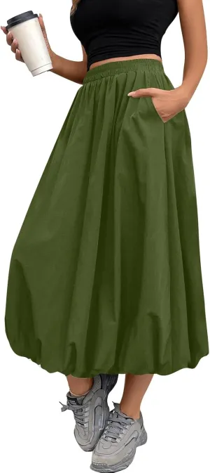 Bubble Skirt Women Trendy Casual Loose Elastic Waist Puffy Flowy Skirt Pleated Midi Skirt Cute Ruffle Long Skirt