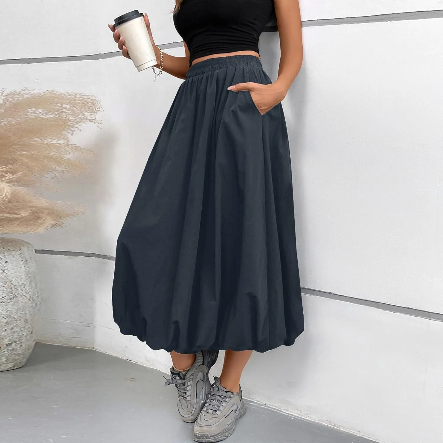 Bubble Skirt Women Trendy Casual Loose Elastic Waist Puffy Flowy Skirt Pleated Midi Skirt Cute Ruffle Long Skirt