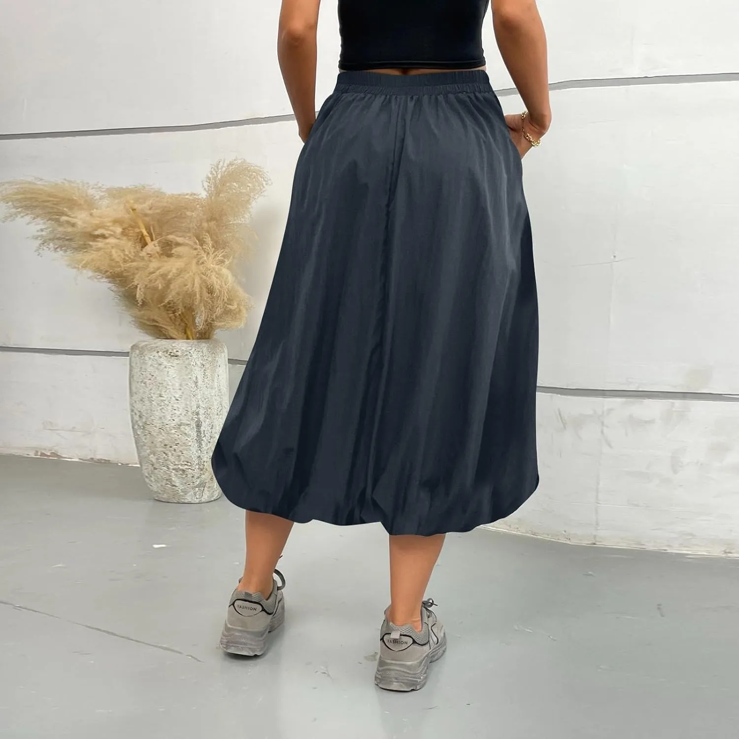 Bubble Skirt Women Trendy Casual Loose Elastic Waist Puffy Flowy Skirt Pleated Midi Skirt Cute Ruffle Long Skirt