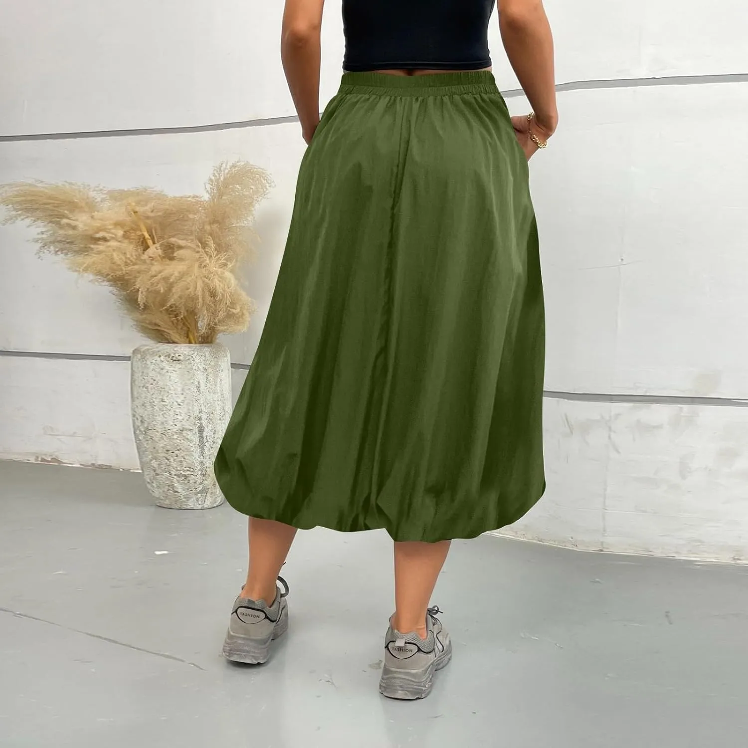 Bubble Skirt Women Trendy Casual Loose Elastic Waist Puffy Flowy Skirt Pleated Midi Skirt Cute Ruffle Long Skirt