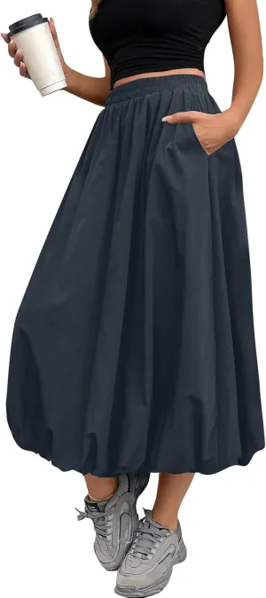 Bubble Skirt Women Trendy Casual Loose Elastic Waist Puffy Flowy Skirt Pleated Midi Skirt Cute Ruffle Long Skirt