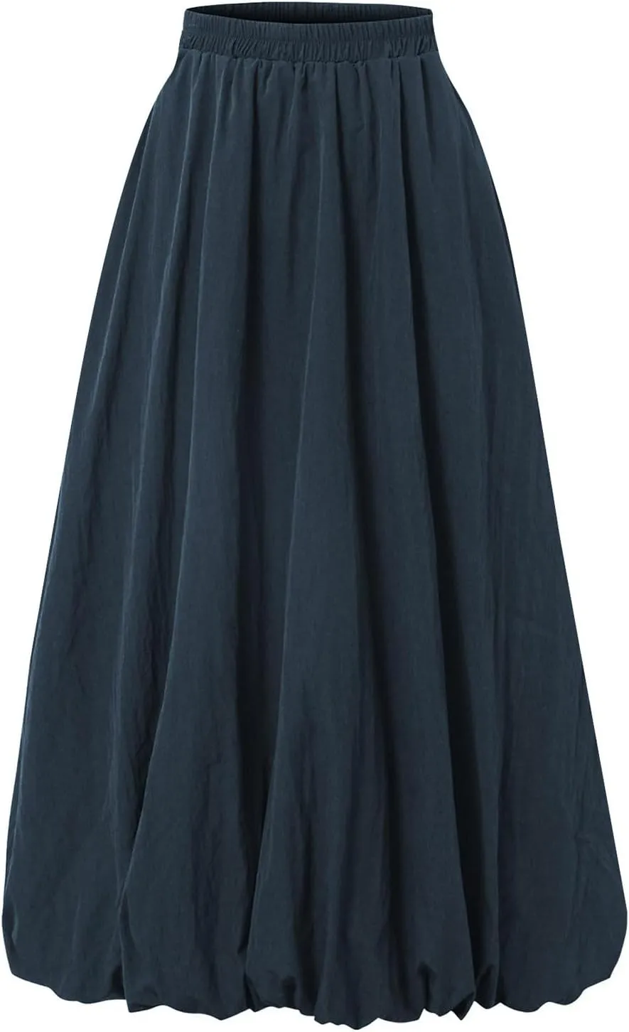 Bubble Skirt Women Trendy Casual Loose Elastic Waist Puffy Flowy Skirt Pleated Midi Skirt Cute Ruffle Long Skirt
