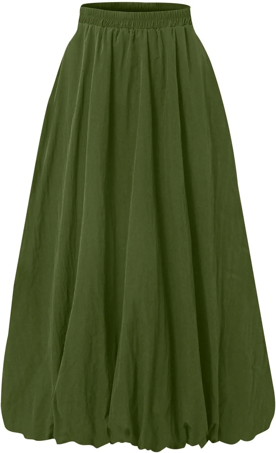 Bubble Skirt Women Trendy Casual Loose Elastic Waist Puffy Flowy Skirt Pleated Midi Skirt Cute Ruffle Long Skirt