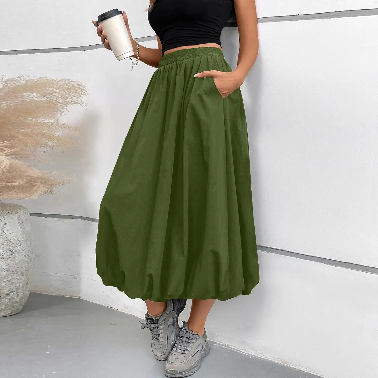 Bubble Skirt Women Trendy Casual Loose Elastic Waist Puffy Flowy Skirt Pleated Midi Skirt Cute Ruffle Long Skirt