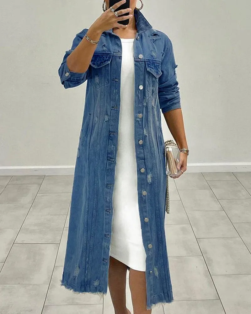 Button Up Flap Detail Ripped Raw Hem Longline Denim Coat