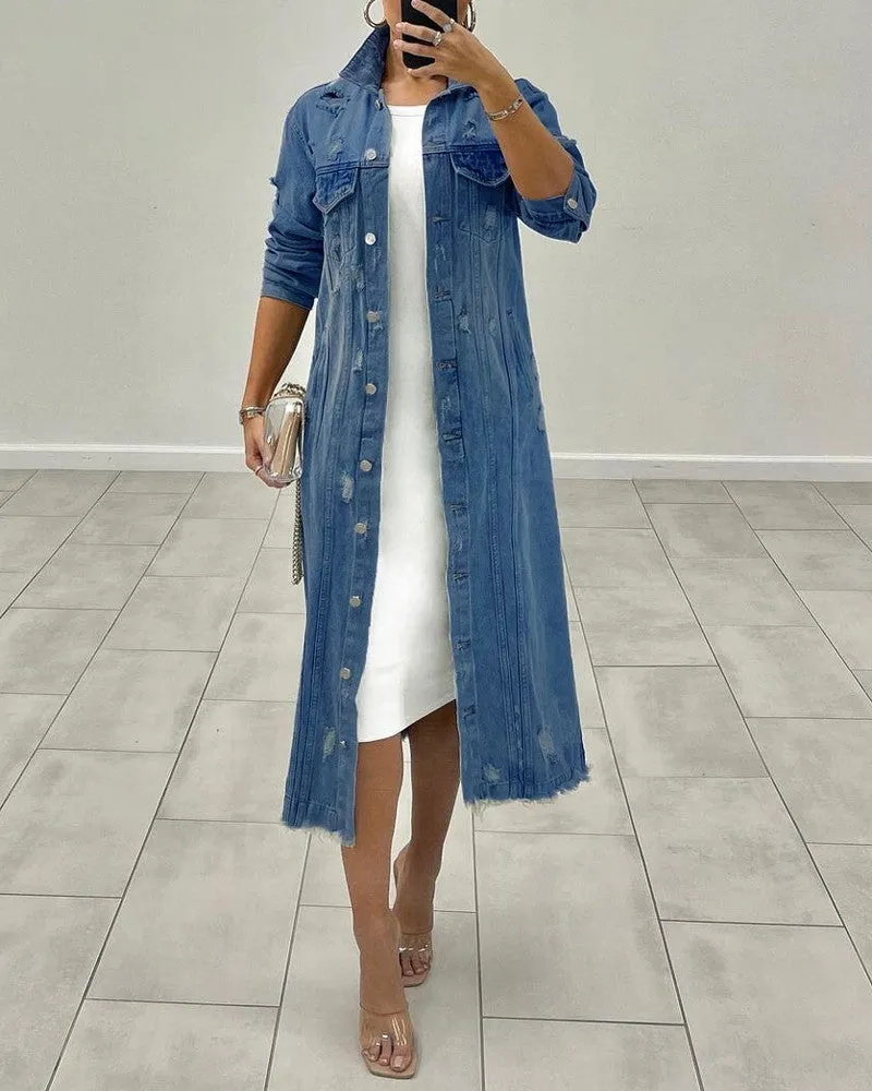 Button Up Flap Detail Ripped Raw Hem Longline Denim Coat