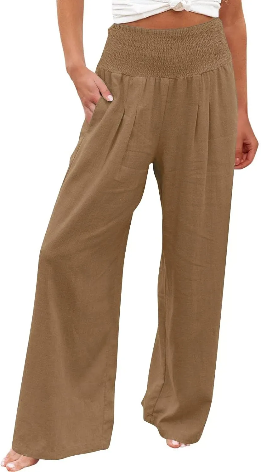 Capri Linen Pants for Women Petite Wide Leg Linen Pants Casual Loose Fit High Waisted Pants with Drawstrings