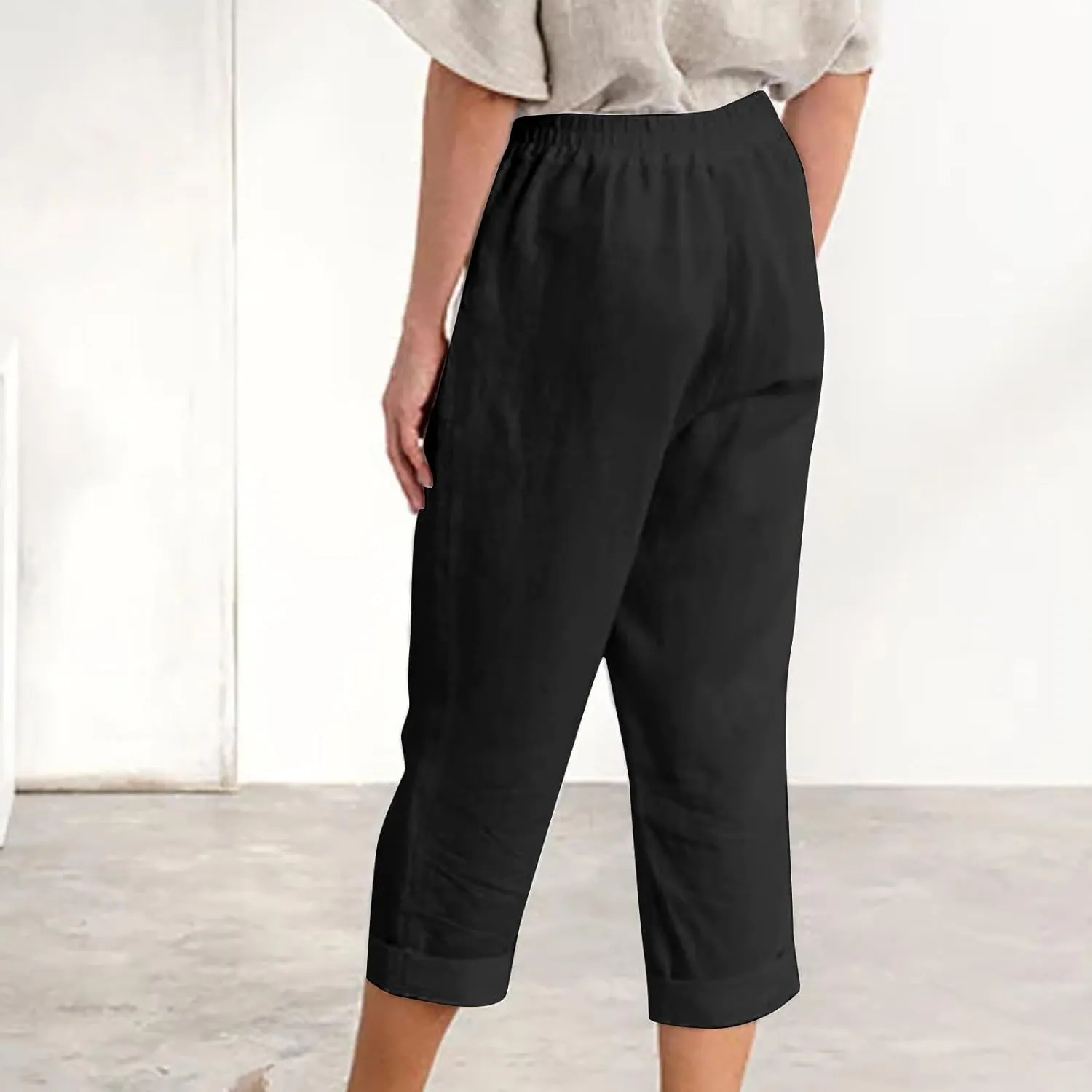 Capri Linen Pants for Women Petite Wide Leg Linen Pants Casual Loose Fit High Waisted Pants with Drawstrings