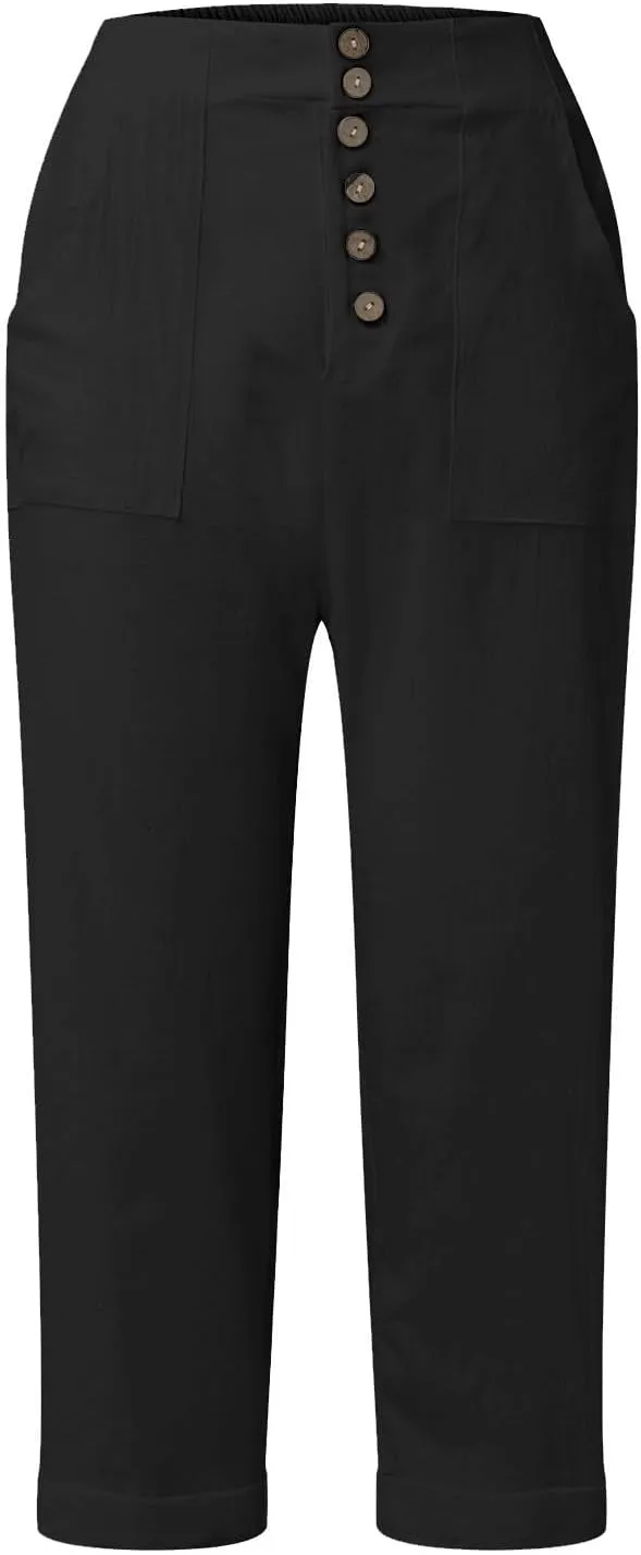 Capri Linen Pants for Women Petite Wide Leg Linen Pants Casual Loose Fit High Waisted Pants with Drawstrings