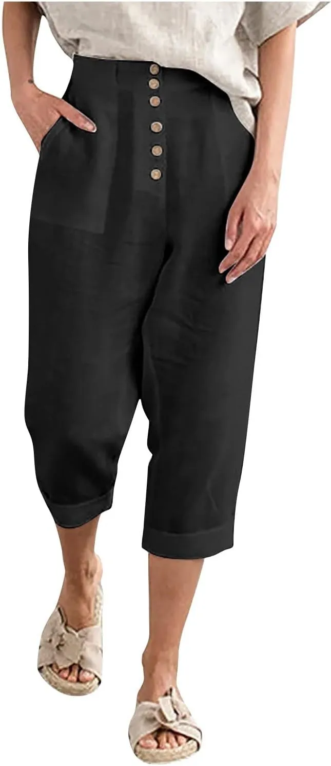 Capri Linen Pants for Women Petite Wide Leg Linen Pants Casual Loose Fit High Waisted Pants with Drawstrings