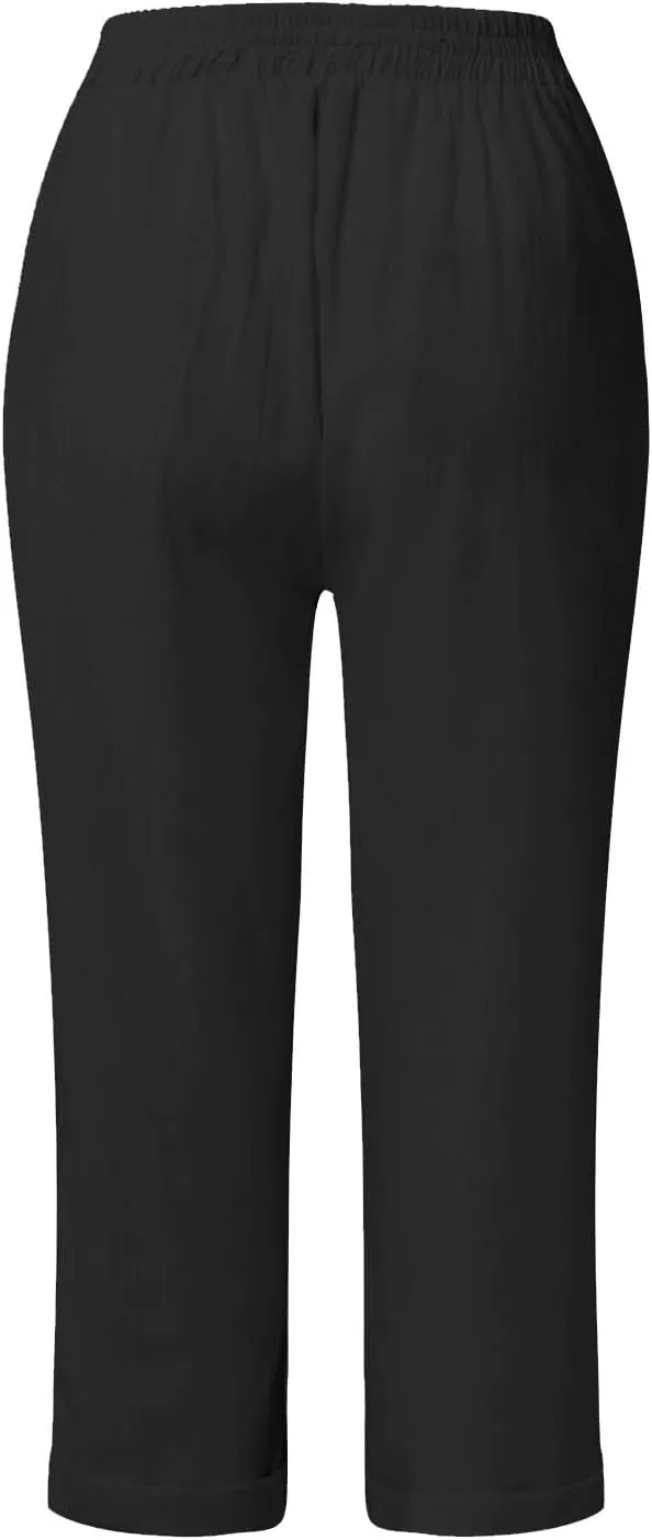Capri Linen Pants for Women Petite Wide Leg Linen Pants Casual Loose Fit High Waisted Pants with Drawstrings