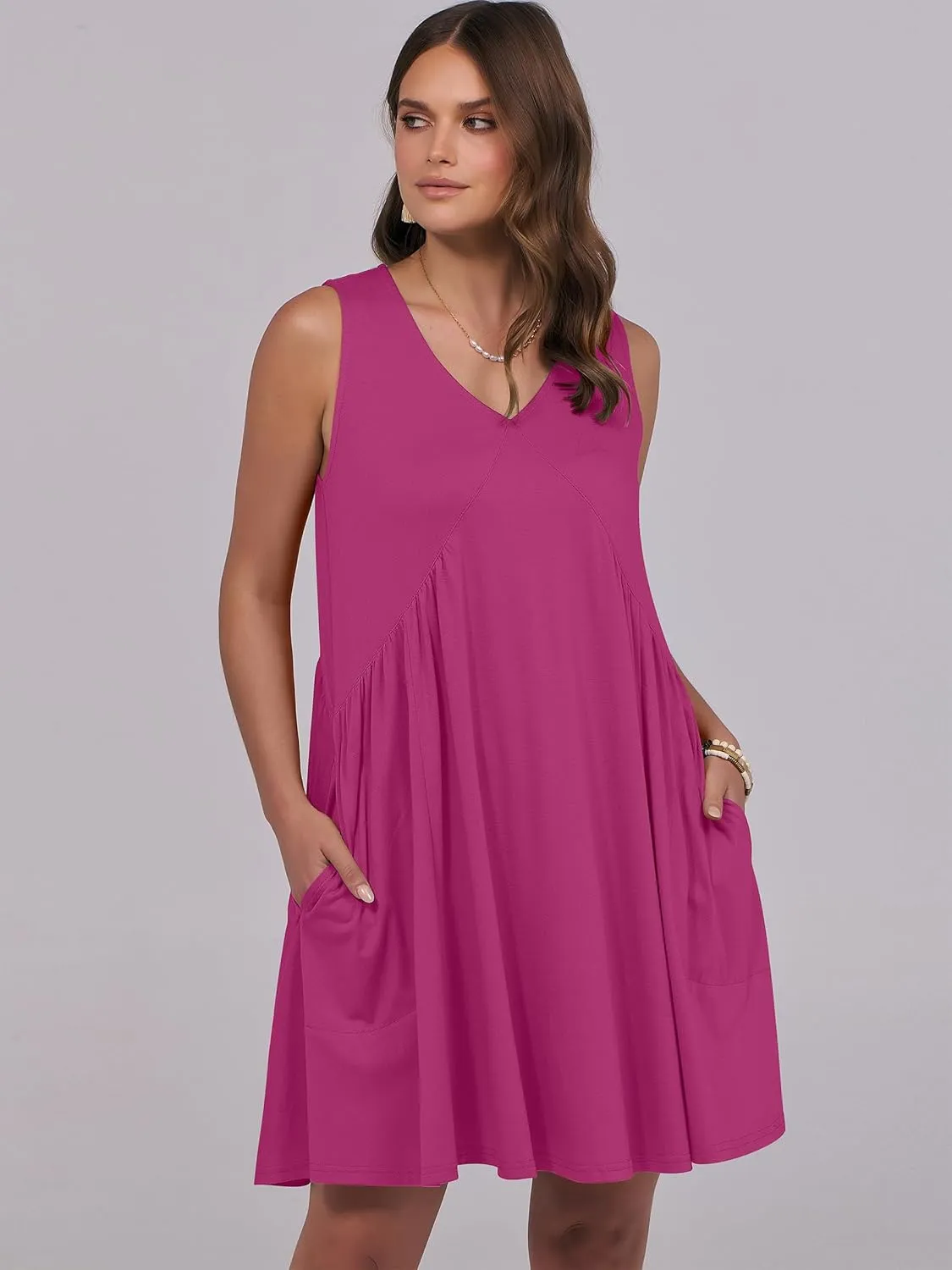 Caracilia Womens Summer Beach Cover Up Mini Dresses Casual Sleeveless Loose V Neck Swing Flowy Sundress Cruise Resort Wear