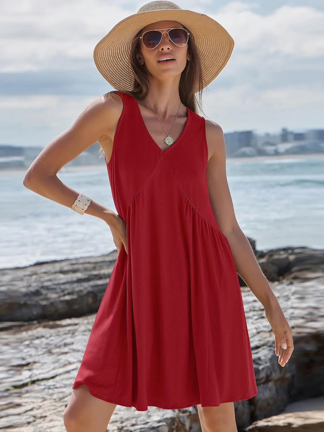Caracilia Womens Summer Beach Cover Up Mini Dresses Casual Sleeveless Loose V Neck Swing Flowy Sundress Cruise Resort Wear