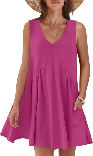 Caracilia Womens Summer Beach Cover Up Mini Dresses Casual Sleeveless Loose V Neck Swing Flowy Sundress Cruise Resort Wear