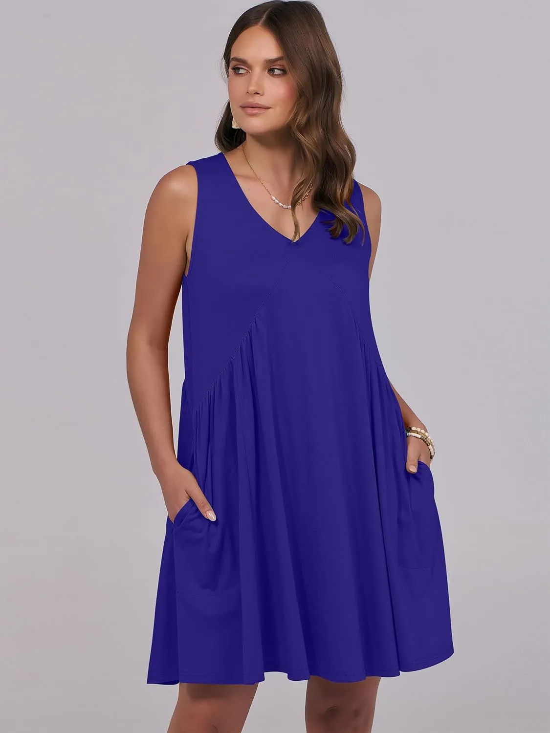 Caracilia Womens Summer Beach Cover Up Mini Dresses Casual Sleeveless Loose V Neck Swing Flowy Sundress Cruise Resort Wear