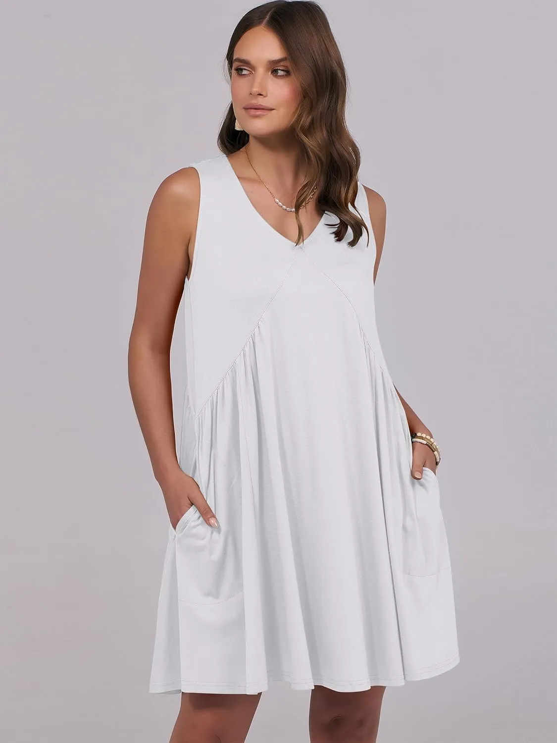 Caracilia Womens Summer Beach Cover Up Mini Dresses Casual Sleeveless Loose V Neck Swing Flowy Sundress Cruise Resort Wear