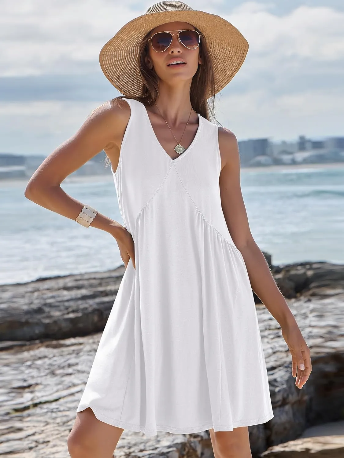 Caracilia Womens Summer Beach Cover Up Mini Dresses Casual Sleeveless Loose V Neck Swing Flowy Sundress Cruise Resort Wear