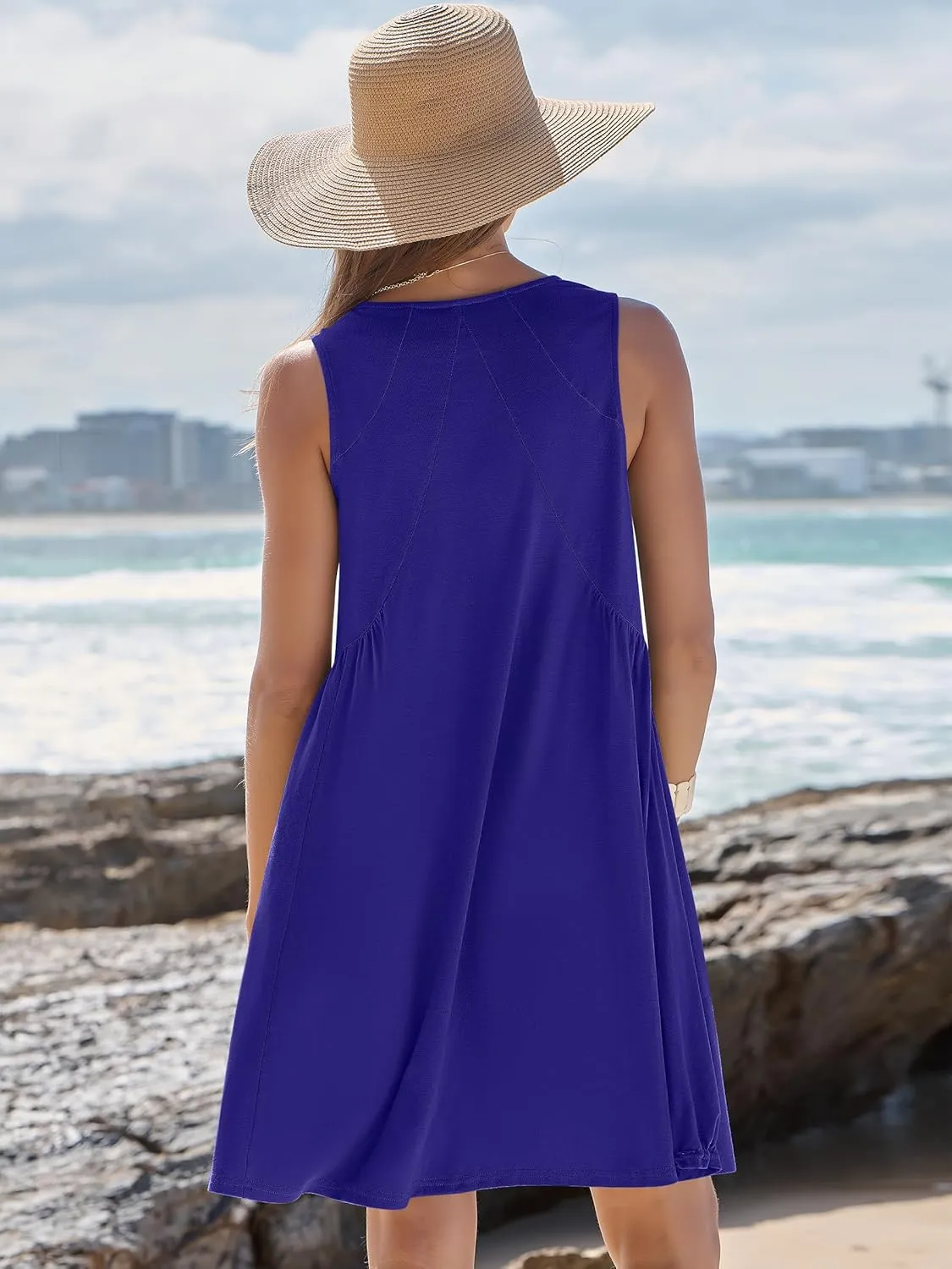 Caracilia Womens Summer Beach Cover Up Mini Dresses Casual Sleeveless Loose V Neck Swing Flowy Sundress Cruise Resort Wear