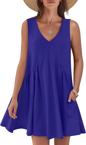 Caracilia Womens Summer Beach Cover Up Mini Dresses Casual Sleeveless Loose V Neck Swing Flowy Sundress Cruise Resort Wear