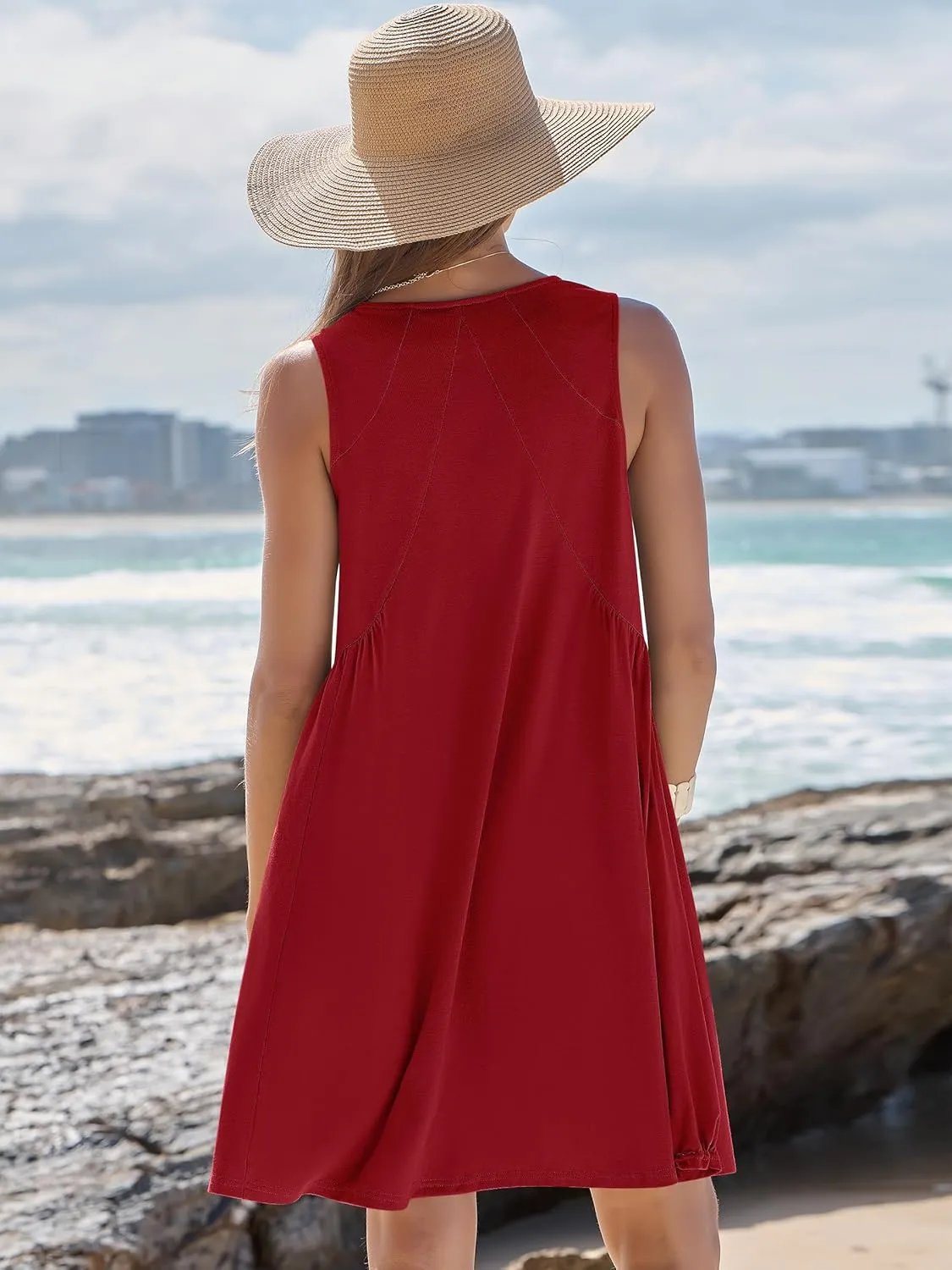 Caracilia Womens Summer Beach Cover Up Mini Dresses Casual Sleeveless Loose V Neck Swing Flowy Sundress Cruise Resort Wear