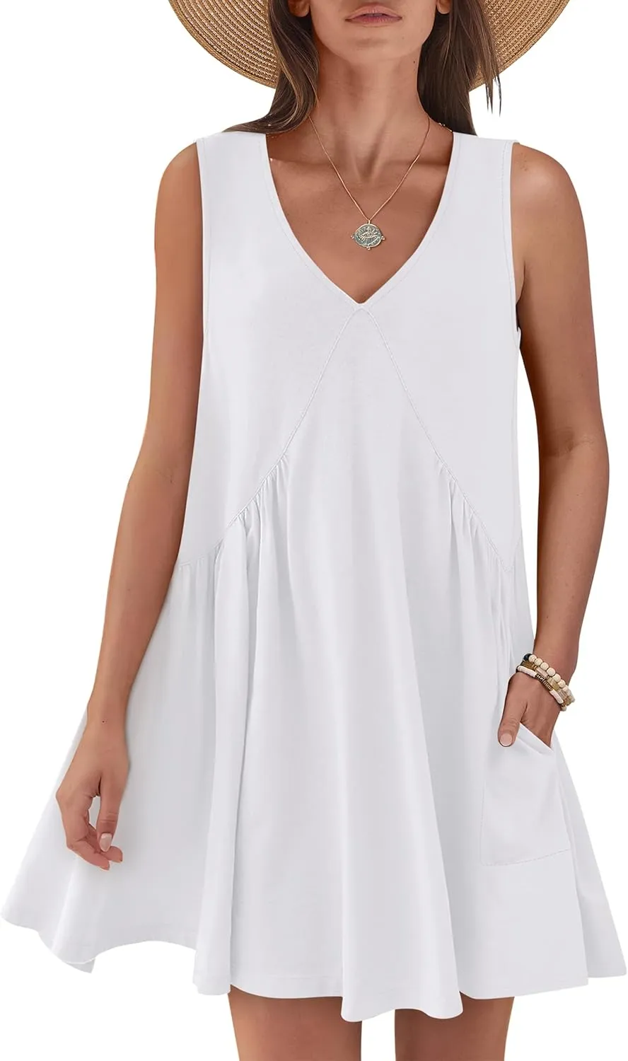 Caracilia Womens Summer Beach Cover Up Mini Dresses Casual Sleeveless Loose V Neck Swing Flowy Sundress Cruise Resort Wear