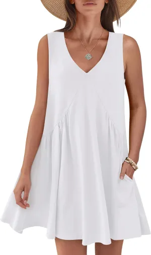 Caracilia Womens Summer Beach Cover Up Mini Dresses Casual Sleeveless Loose V Neck Swing Flowy Sundress Cruise Resort Wear