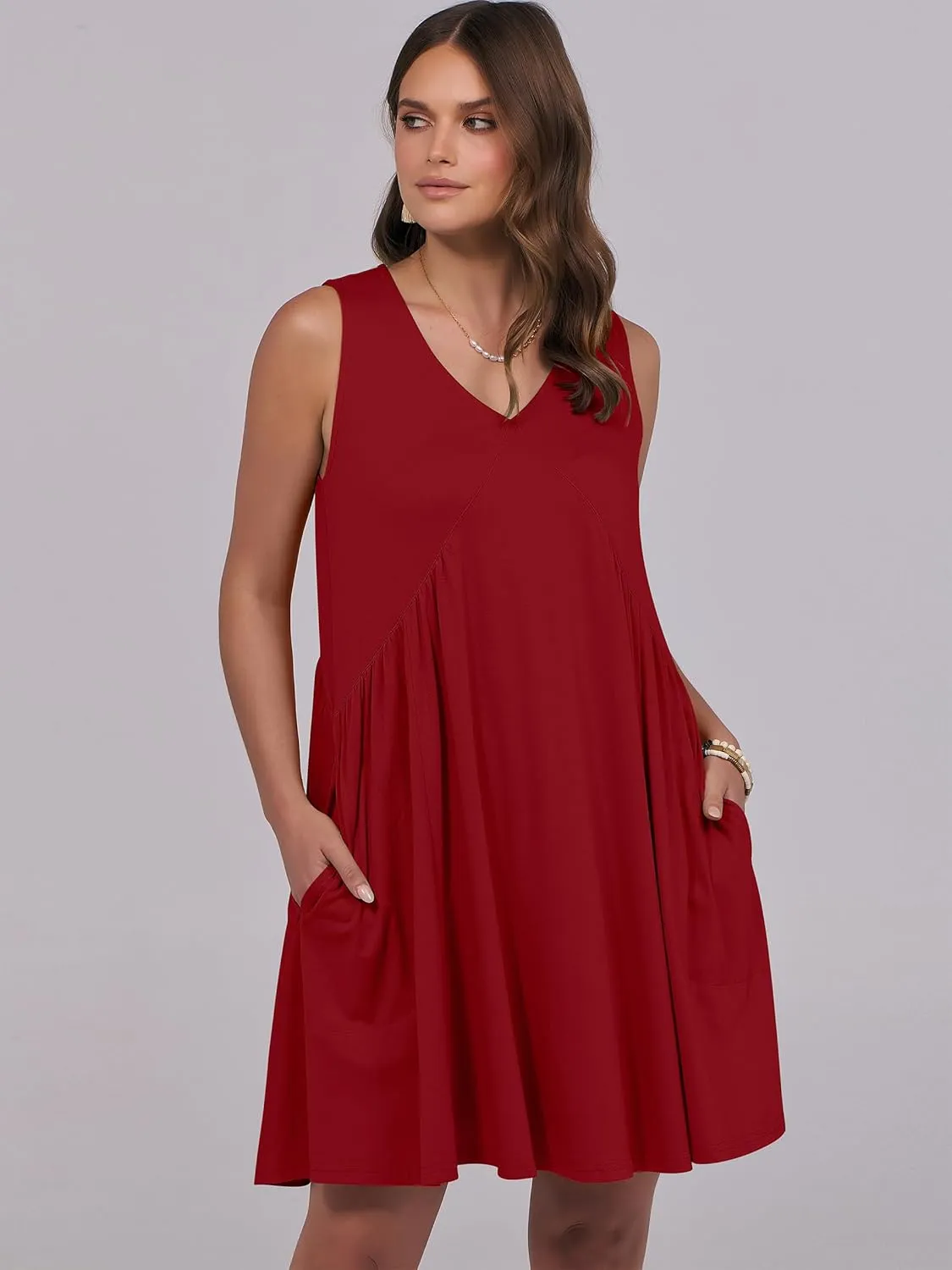 Caracilia Womens Summer Beach Cover Up Mini Dresses Casual Sleeveless Loose V Neck Swing Flowy Sundress Cruise Resort Wear