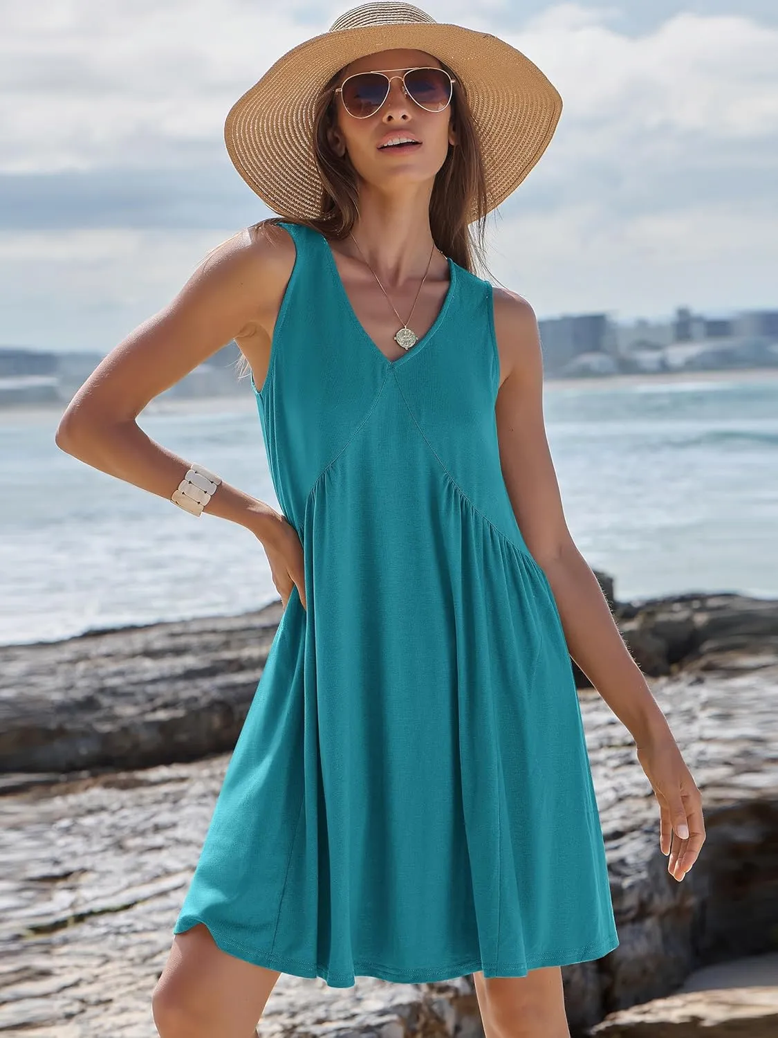 Caracilia Womens Summer Beach Cover Up Mini Dresses Casual Sleeveless Loose V Neck Swing Flowy Sundress Cruise Resort Wear