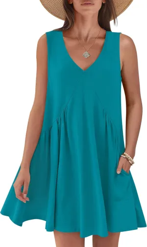 Caracilia Womens Summer Beach Cover Up Mini Dresses Casual Sleeveless Loose V Neck Swing Flowy Sundress Cruise Resort Wear