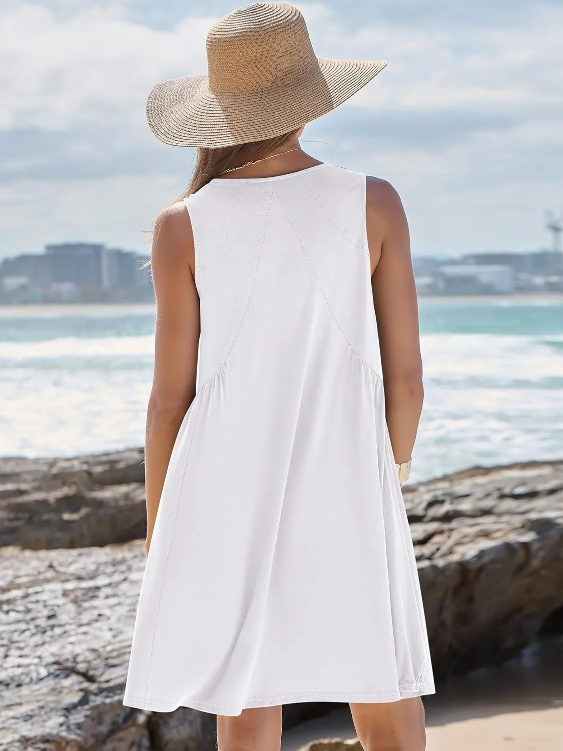 Caracilia Womens Summer Beach Cover Up Mini Dresses Casual Sleeveless Loose V Neck Swing Flowy Sundress Cruise Resort Wear