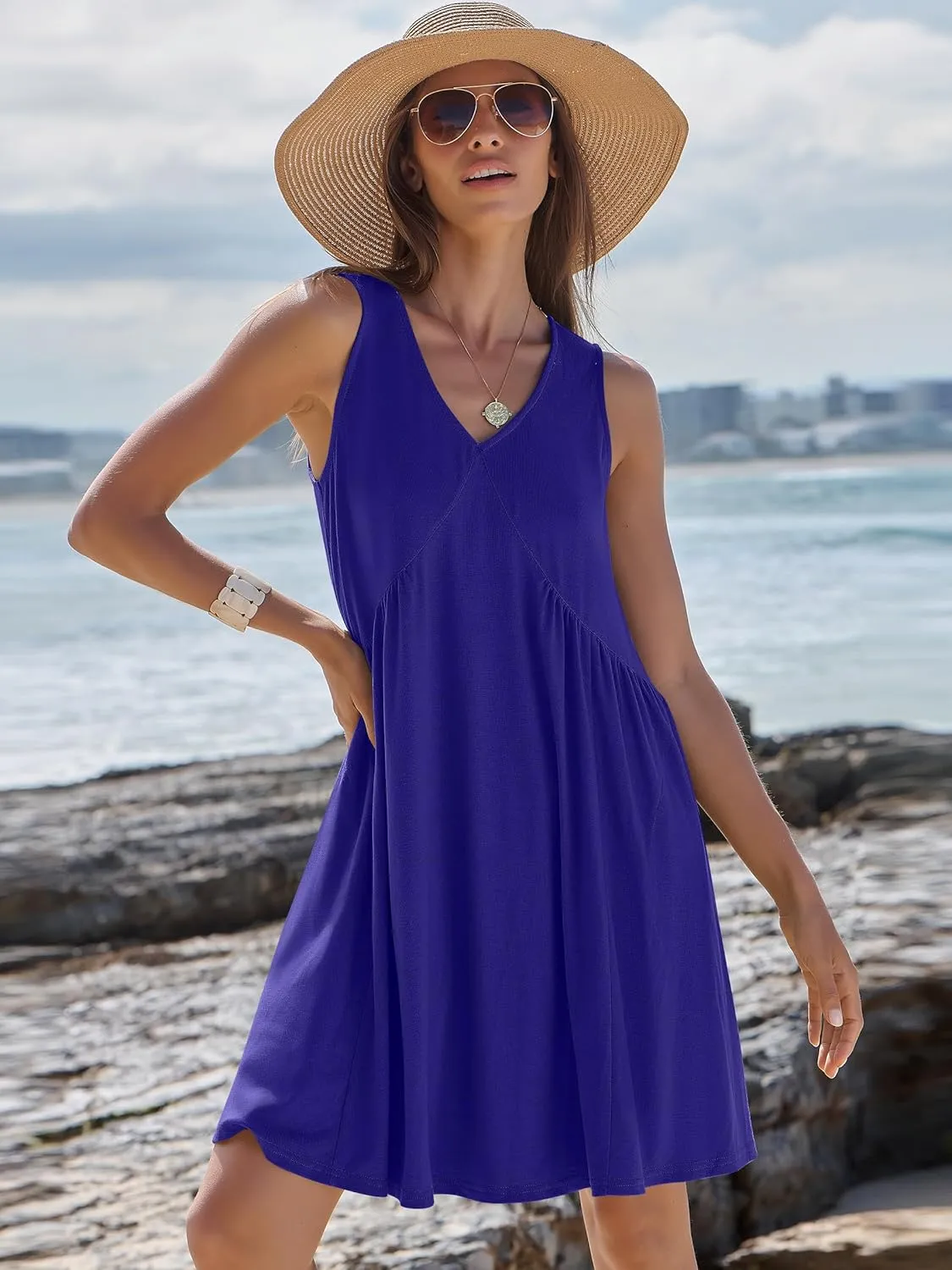 Caracilia Womens Summer Beach Cover Up Mini Dresses Casual Sleeveless Loose V Neck Swing Flowy Sundress Cruise Resort Wear