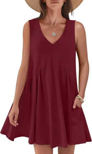 Caracilia Womens Summer Beach Cover Up Mini Dresses Casual Sleeveless Loose V Neck Swing Flowy Sundress Cruise Resort Wear