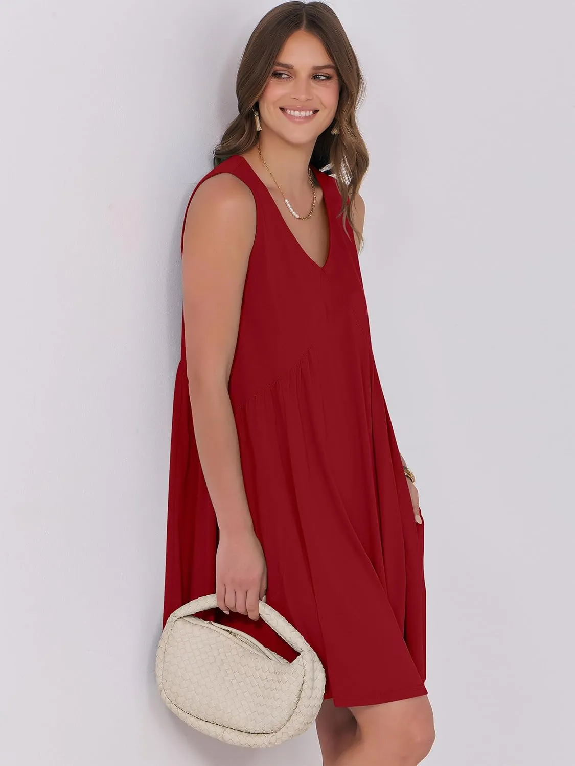 Caracilia Womens Summer Beach Cover Up Mini Dresses Casual Sleeveless Loose V Neck Swing Flowy Sundress Cruise Resort Wear