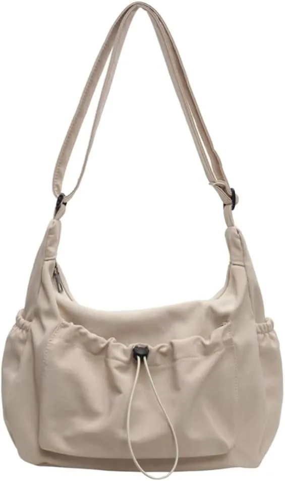 Casual Nylon Crossbody Bags Lightweight Aesthetic Hobo Bag Large Capacity Solid Preppy Crescent Bag Cute Travel Shoulder Bag (White)