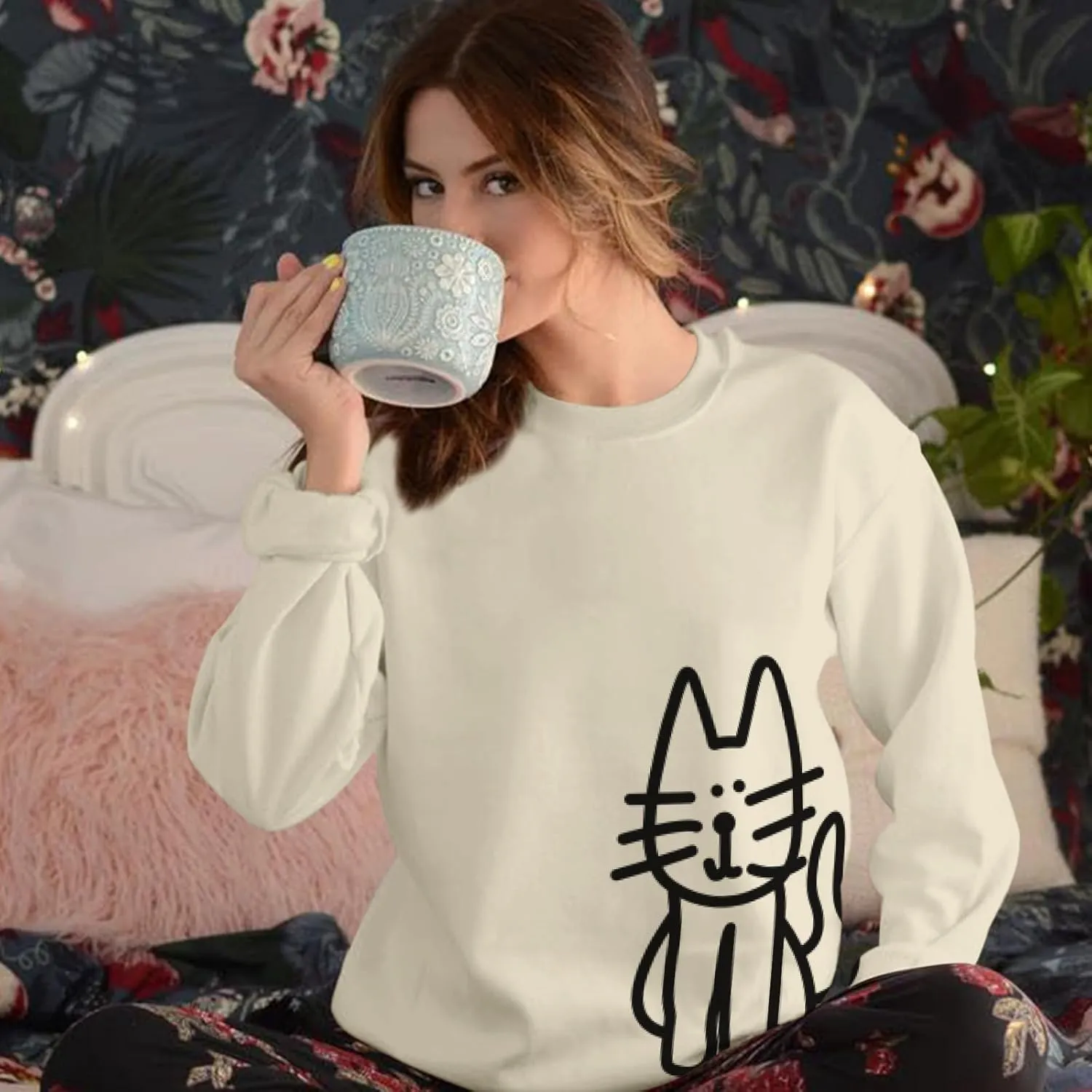 Cat Sweatshirts for Women Graphic Oversized Sweatshirt Funny Long Sleeve Shirt Cute Pullover Fleece Hoodie Tops