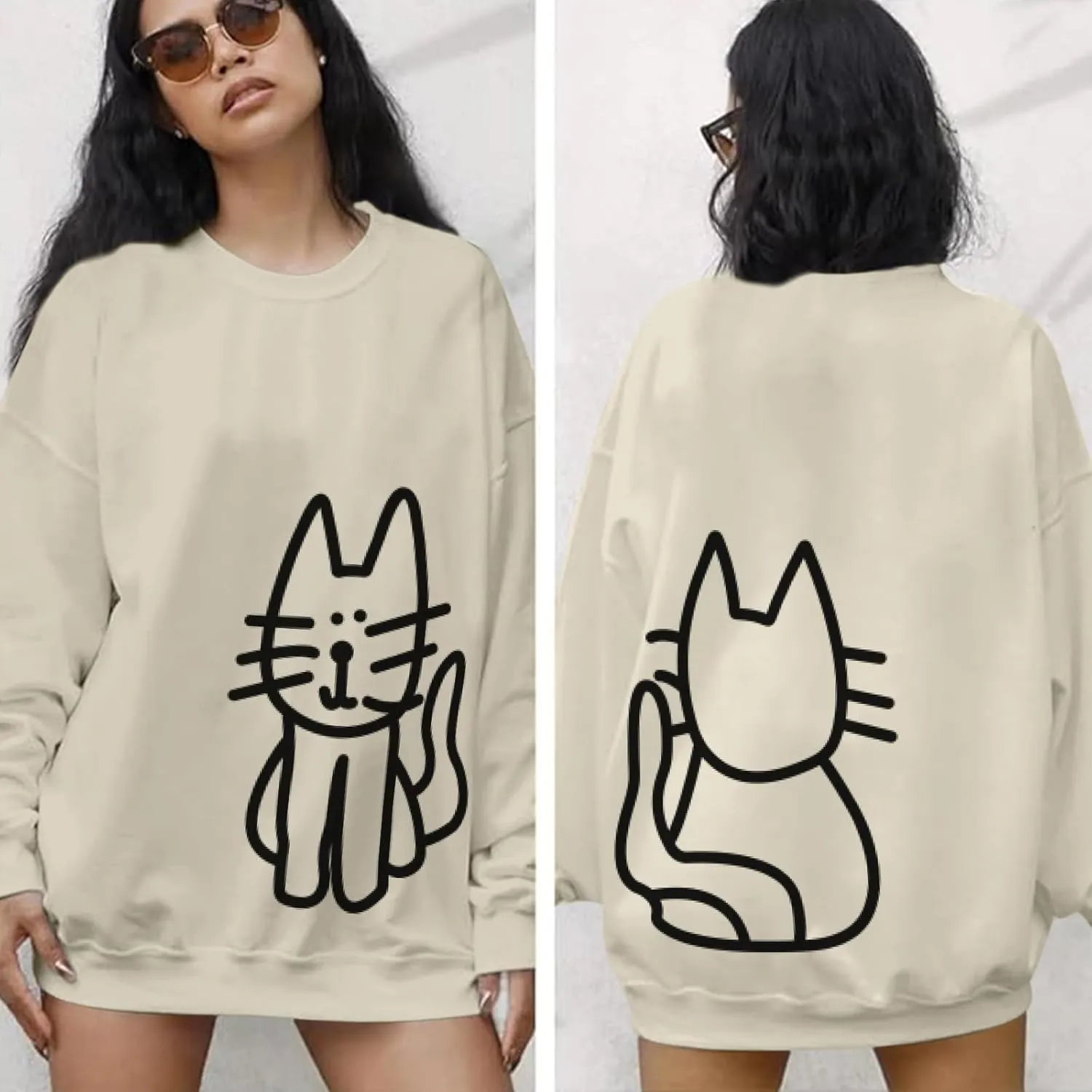 Cat Sweatshirts for Women Graphic Oversized Sweatshirt Funny Long Sleeve Shirt Cute Pullover Fleece Hoodie Tops