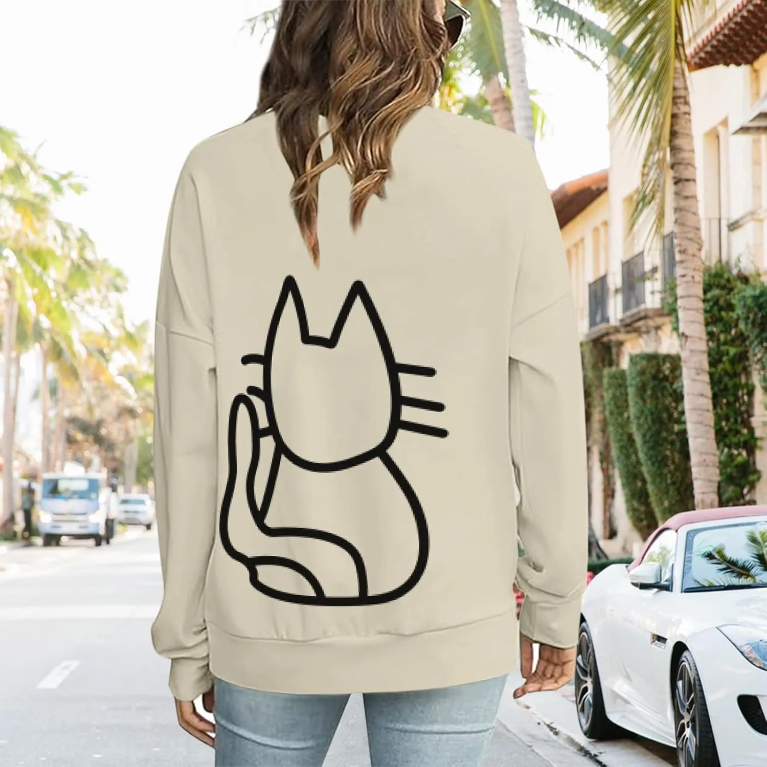 Cat Sweatshirts for Women Graphic Oversized Sweatshirt Funny Long Sleeve Shirt Cute Pullover Fleece Hoodie Tops