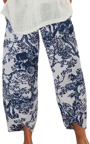 Ceboyel Women Hawaii Linen Capris Pants Wide Leg Relax Fit Palazzo Pants Summer Casual Sweatpants Trousers Boho Outfits